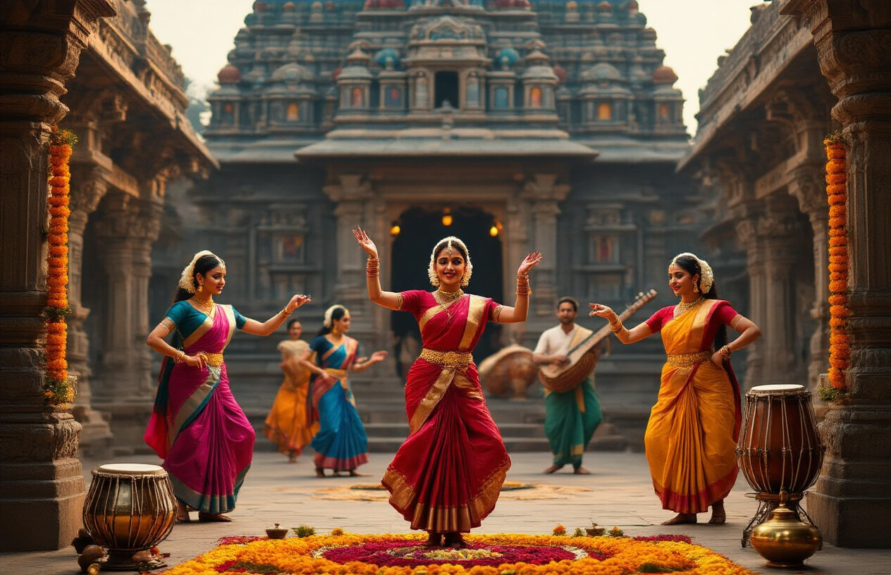 Create a realistic image of a vibrant Indian cultural scene featuring traditional dancers in colorful saris and dhotis performing classical dance forms, with ornate temple architecture in the background showing intricate stone carvings and decorative pillars, alongside traditional Indian musical instruments like tabla and sitar, decorative rangoli patterns on the ground, marigold garlands, and brass oil lamps creating warm ambient lighting, capturing the essence of India's diverse cultural traditions in a festive atmosphere, absolutely NO text should be in the scene.