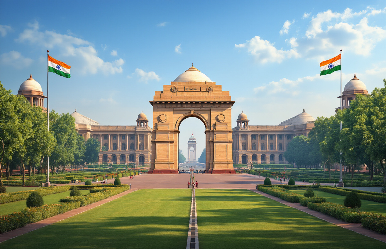 Create a realistic image of New Delhi's iconic government buildings and landmarks showcasing India's national capital, featuring the majestic India Gate monument in the foreground with its distinctive arch structure, the grand Rashtrapati Bhavan (Presidential Palace) with its dome and colonial architecture visible in the background, wide tree-lined Rajpath boulevard connecting the monuments, Indian tricolor flags flying prominently, lush green lawns and gardens, clear blue sky with soft natural lighting creating a dignified and official governmental atmosphere, absolutely NO text should be in the scene.