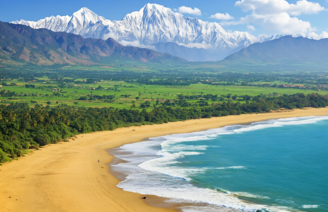 Create a realistic image of India's diverse geographic landscape showcasing the snow-capped Himalayan mountains in the background, lush green plains in the middle section, and the Arabian Sea coastline with golden beaches in the foreground, featuring varied terrain including rivers, forests, and desert regions under natural daylight with clear blue skies and soft clouds. Absolutely NO text should be in the scene.