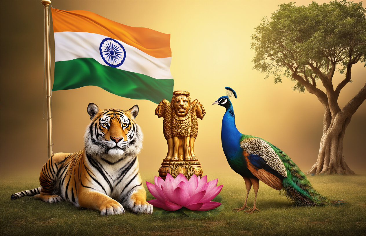 Create a realistic image of India's national symbols artistically arranged together, featuring the Indian national flag with its tricolor bands and Ashoka Chakra prominently displayed, the national emblem with the Lion Capital of Ashoka showing four lions, a majestic Bengal tiger representing the national animal, a vibrant peacock with its colorful plumage as the national bird, a lotus flower in full bloom as the national flower, and a banyan tree in the background, all set against a warm golden light that creates a dignified and patriotic atmosphere, Absolutely NO text should be in the scene.