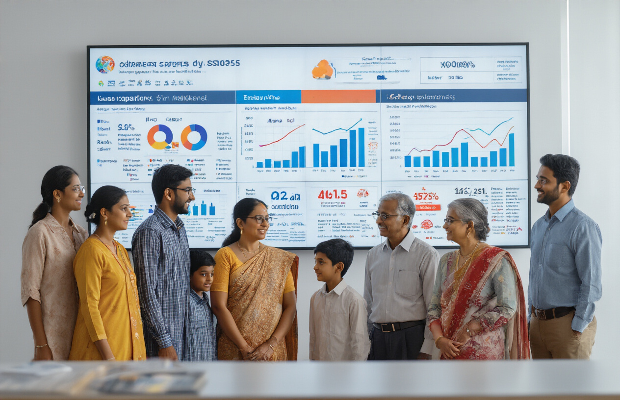 Create a realistic image of a diverse group of Indian people of various ages including South Asian children, adults and elderly individuals, both male and female, standing together in front of a large digital display board showing colorful population statistics charts, graphs and demographic data visualizations, set in a modern statistical office or research center with clean white walls, bright professional lighting, and people wearing contemporary Indian and western clothing, with the scene conveying an informative and analytical atmosphere, absolutely NO text should be in the scene.