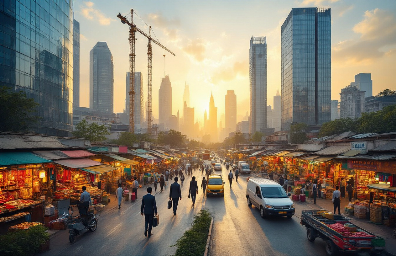 Create a realistic image of India's modern economic landscape showing a bustling financial district with contemporary glass office buildings and skyscrapers in the background, traditional Indian markets with colorful goods and vendors in the foreground, Indian male and female professionals of South Asian ethnicity in business attire walking with laptops and briefcases, construction cranes indicating development, delivery trucks and modern transportation, green parks interspersed between buildings, warm golden hour lighting creating dynamic shadows, conveying progress and economic growth, absolutely NO text should be in the scene.