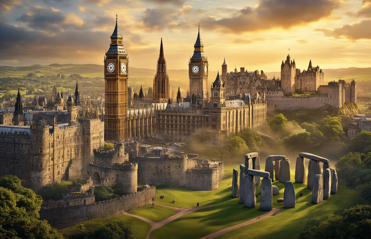 Create a realistic image of a panoramic collage showcasing iconic British historical landmarks including Big Ben and Westminster Palace, Tower of London, Edinburgh Castle, and Stonehenge arranged in a seamless composition, with ancient Roman ruins and medieval architecture elements blending together, warm golden sunlight casting dramatic shadows across the stone structures, lush green countryside visible in the background, creating an atmosphere of timeless grandeur and historical depth, shot in cinematic lighting that emphasizes the weathered textures of centuries-old stonework, Absolutely NO text should be in the scene.