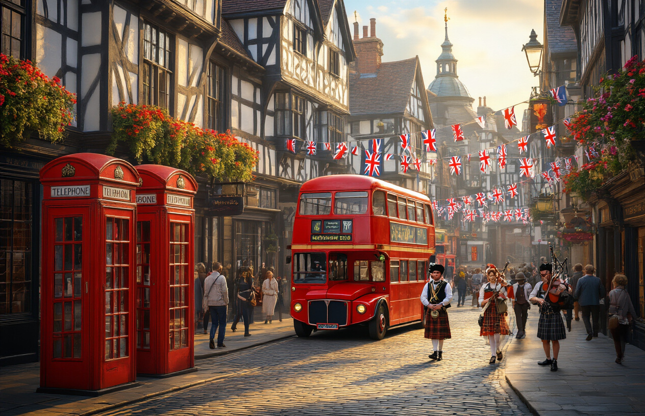 Create a realistic image of a vibrant British cultural scene featuring traditional red telephone boxes, a red double-decker bus, and iconic Tudor-style architecture with half-timbered buildings in the background, with diverse people of various races and genders wearing both modern and traditional British clothing walking along cobblestone streets, street performers including a white male bagpiper in traditional Scottish kilt and a black female violinist, colorful Union Jack bunting hanging between buildings, warm golden afternoon lighting creating a welcoming atmosphere, and traditional British elements like a classic pub with hanging flower baskets, absolutely NO text should be in the scene.