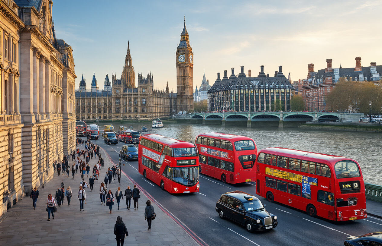 Create a realistic image of iconic London landmarks including Big Ben clock tower, red double-decker buses, black taxi cabs, and the Thames River with Westminster Bridge, showcasing the bustling urban energy with pedestrians of diverse races and genders walking along the riverbank, captured during golden hour lighting that emphasizes London as Britain's vibrant capital city, with a clear blue sky and the classic British architecture creating a majestic metropolitan atmosphere, absolutely NO text should be in the scene.