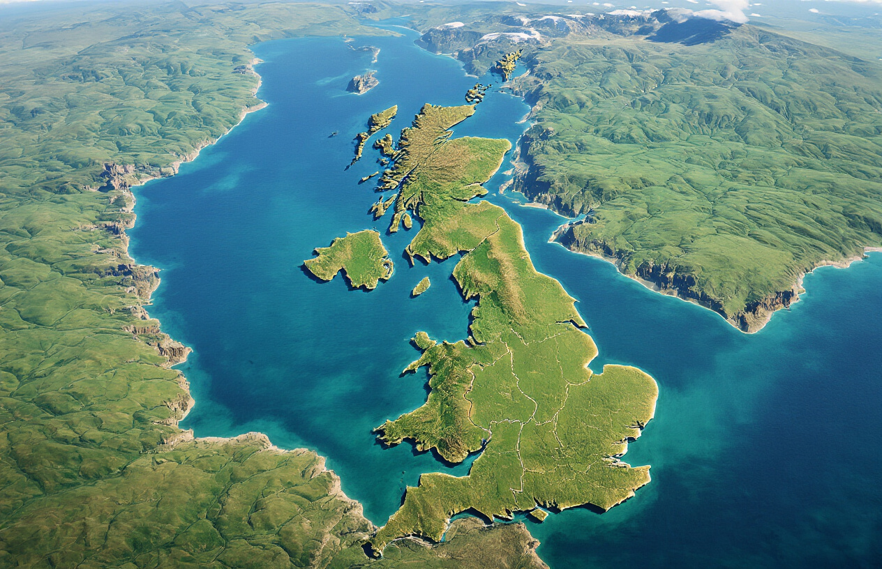 Create a realistic image of Britain's geographic landscape showing the distinctive outline and borders of the United Kingdom, featuring England, Scotland, Wales, and Northern Ireland as viewed from above, with rolling green hills, mountainous regions in Scotland, coastal cliffs along the shoreline, the surrounding Atlantic Ocean and North Sea in deep blue, clear political boundaries marked by subtle natural divisions, bright natural daylight illuminating the diverse terrain, absolutely NO text should be in the scene.
