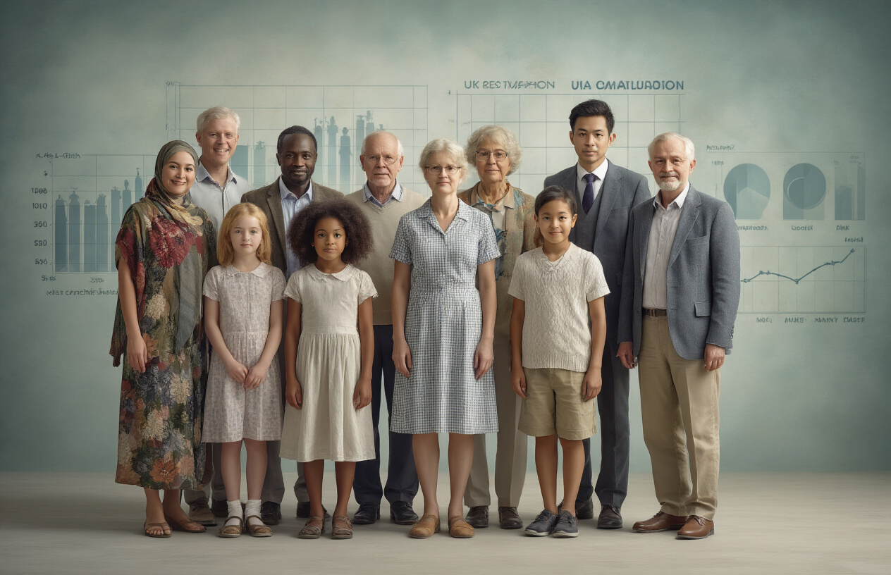 Create a realistic image of diverse British people of different ages, races, and genders standing together in a group representing UK demographics, with white males, white females, black males, black females, Asian males, and Asian females of various ages from children to elderly, positioned against a subtle background featuring faded UK population charts and demographic graphs, with soft natural lighting creating a professional documentary-style atmosphere, absolutely NO text should be in the scene.