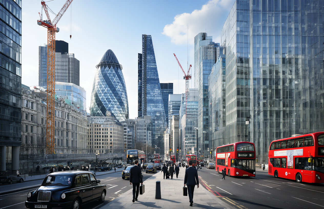 Create a realistic image of London's financial district skyline featuring modern glass skyscrapers and office buildings including iconic towers, busy streets with black taxis and red double-decker buses, white male and female business professionals in suits walking on sidewalks carrying briefcases, construction cranes indicating economic growth, clear daylight with professional urban atmosphere, absolutely NO text should be in the scene.