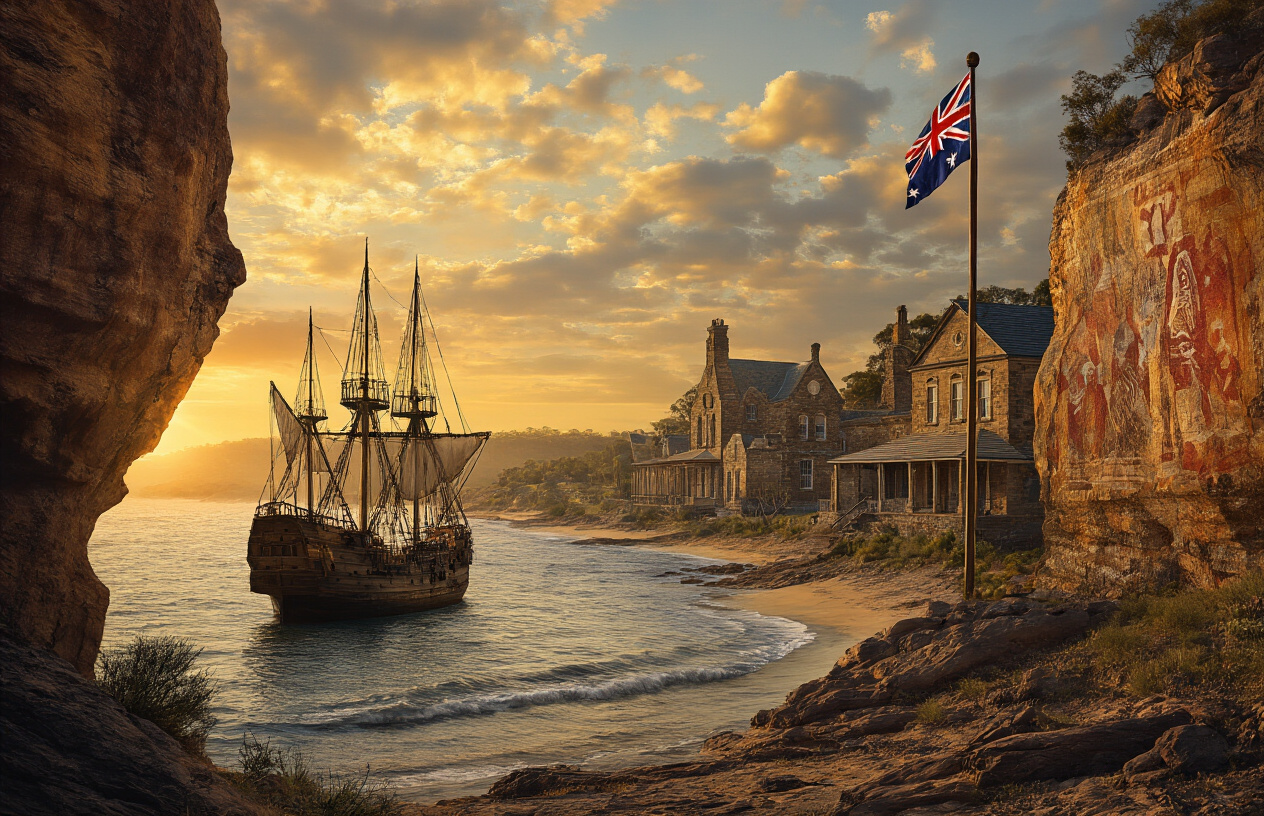 Create a realistic image of a historical montage showing Australia's colonial heritage with a weathered 18th century British sailing ship anchored near a rugged Australian coastline, colonial-era stone buildings with Georgian architecture in the middle ground, Aboriginal rock art visible on cliff faces, and a faded Union Jack flag on a wooden flagpole, all set against a golden sunset sky with warm, nostalgic lighting that emphasizes the passage of time, absolutely NO text should be in the scene.