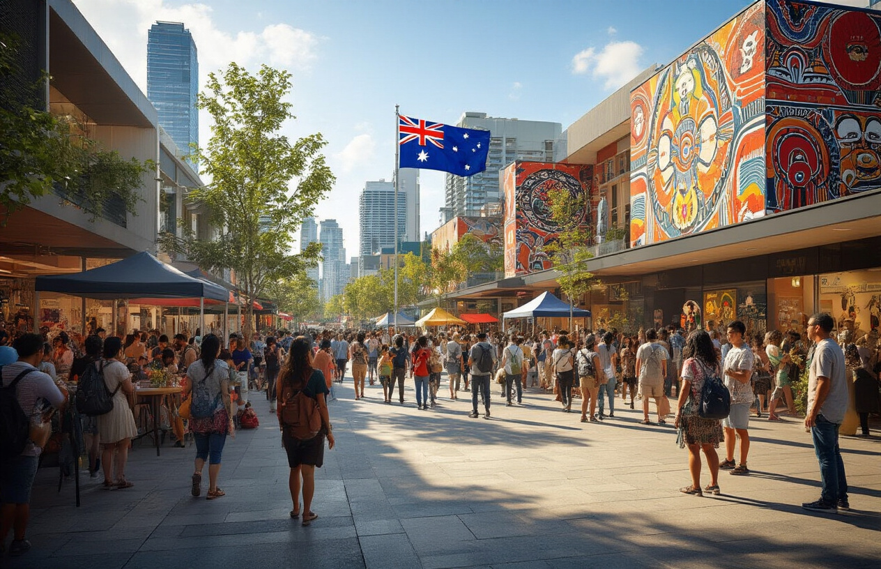 Create a realistic image of a vibrant multicultural Australian scene showing diverse people including white, Asian, Aboriginal, and other ethnic backgrounds of various ages and genders gathered in a modern urban setting with contemporary Australian architecture, featuring elements of both traditional Aboriginal art patterns on building walls and modern city infrastructure, with the Australian flag visible in the background, people engaged in social activities like street festivals or community gatherings, bright natural daylight illuminating the scene, showcasing the blend of traditional and contemporary Australian culture. Absolutely NO text should be in the scene.