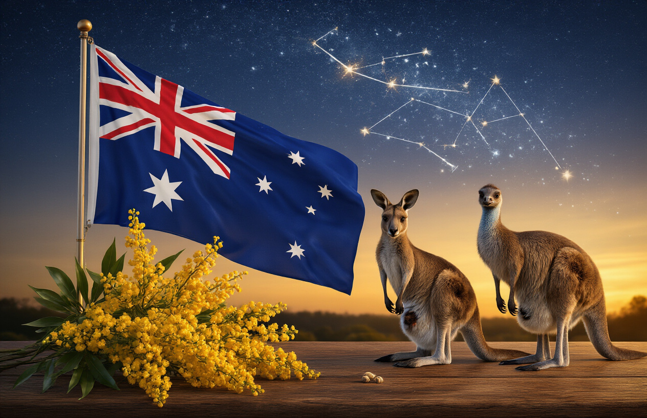 Create a realistic image of the Australian flag prominently displayed alongside other national symbols including the golden wattle flower, kangaroo, and emu, arranged on a wooden surface with the Southern Cross constellation visible in a twilight sky background, featuring warm golden lighting that highlights the symbolic elements, absolutely NO text should be in the scene.