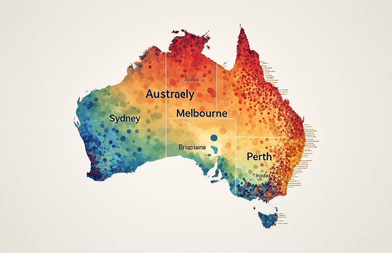 Create a realistic image of a diverse population density map visualization of Australia showing major cities like Sydney, Melbourne, Brisbane, and Perth with varying concentrations of people represented by different colored dots or heat map gradients, featuring the distinctive outline of the Australian continent with coastal urban areas densely populated in warm colors (red, orange) transitioning to sparse inland regions in cool colors (blue, green), set against a clean white background with subtle geographic features like state boundaries visible, captured in bright, clear lighting with a professional cartographic style, absolutely NO text should be in the scene.