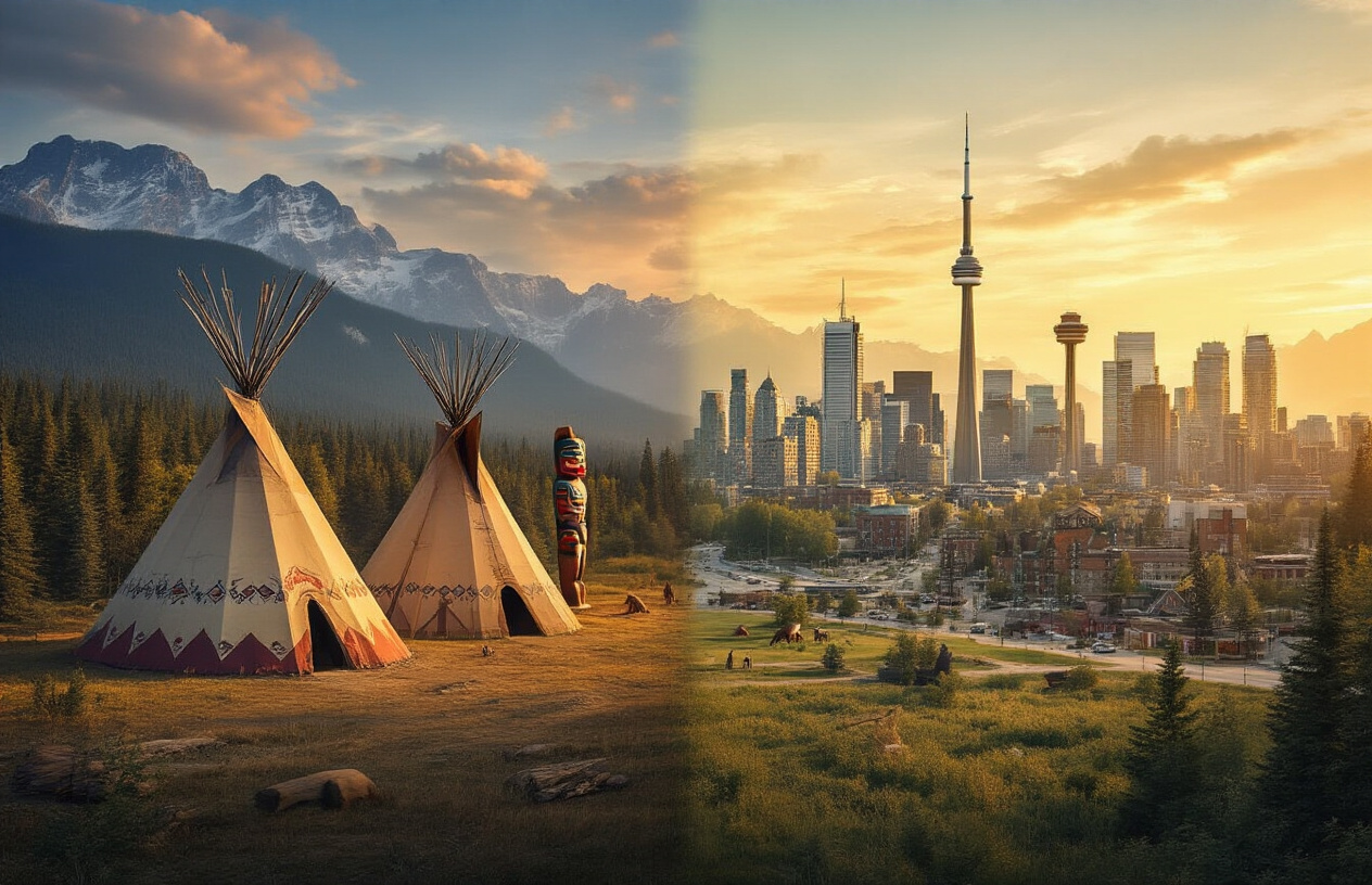Create a realistic image of a visual timeline showing Canada's evolution from Indigenous heritage to modern nation, featuring a split composition with traditional Indigenous teepees and totem poles on the left side, transitioning to historic European colonial buildings in the middle, and contemporary Canadian cityscape with modern skyscrapers on the right, set against a backdrop of Canadian landscape with forests and mountains, warm golden lighting suggesting dawn of a new era, absolutely NO text should be in the scene.
