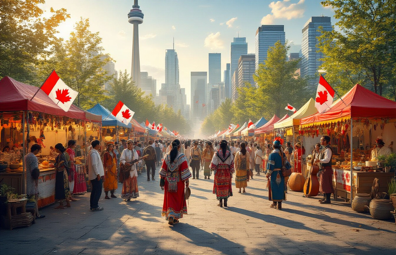 Create a realistic image of a vibrant Canadian cultural festival scene featuring diverse people of different ethnicities including white, black, Asian, and Indigenous individuals, both male and female, wearing traditional cultural clothing from various backgrounds, with Canadian maple leaf decorations, colorful international food stalls, traditional musical instruments, and cultural artifacts displayed around a community gathering space, set against a backdrop of modern Canadian cityscape with warm natural lighting suggesting unity and celebration, absolutely NO text should be in the scene.