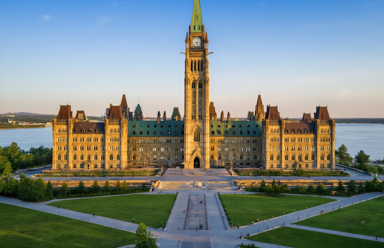 Create a realistic image of the Parliament Hill complex in Ottawa showing the iconic Peace Tower and Gothic Revival architecture of the Centre Block building with its distinctive green copper roofs, flanked by the East and West Block buildings, set against a clear blue sky with the Ottawa River visible in the background, featuring well-manicured lawns and pathways in the foreground, captured during golden hour lighting to emphasize the grandeur and political significance of Canada's seat of government, absolutely NO text should be in the scene.