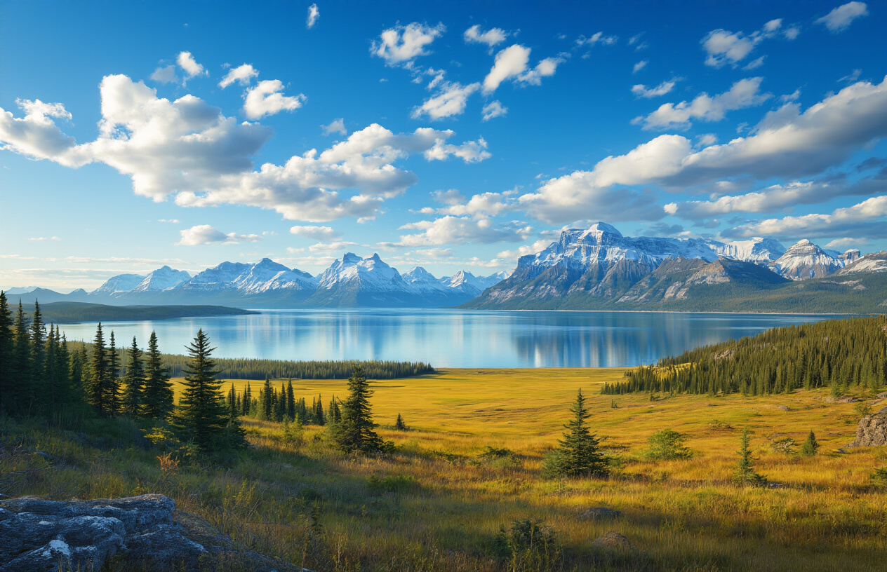 Create a realistic image of a sweeping panoramic landscape showcasing Canada's diverse geographic features including snow-capped Rocky Mountains in the background, vast prairie grasslands in the middle ground, dense boreal forests with evergreen trees, pristine lakes reflecting the sky, and rugged coastal cliffs, all under a bright blue sky with scattered white clouds, captured during golden hour lighting to emphasize the natural beauty and regional diversity of the Canadian landscape, absolutely NO text should be in the scene.