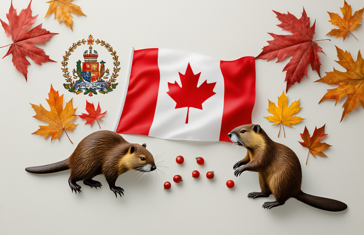 Create a realistic image of the Canadian flag prominently displayed in the center, showing the red maple leaf and red bands clearly, with other Canadian national symbols arranged around it including a beaver, maple leaves in autumn colors, and the Canadian coat of arms, set against a clean white background with soft natural lighting, absolutely NO text should be in the scene.