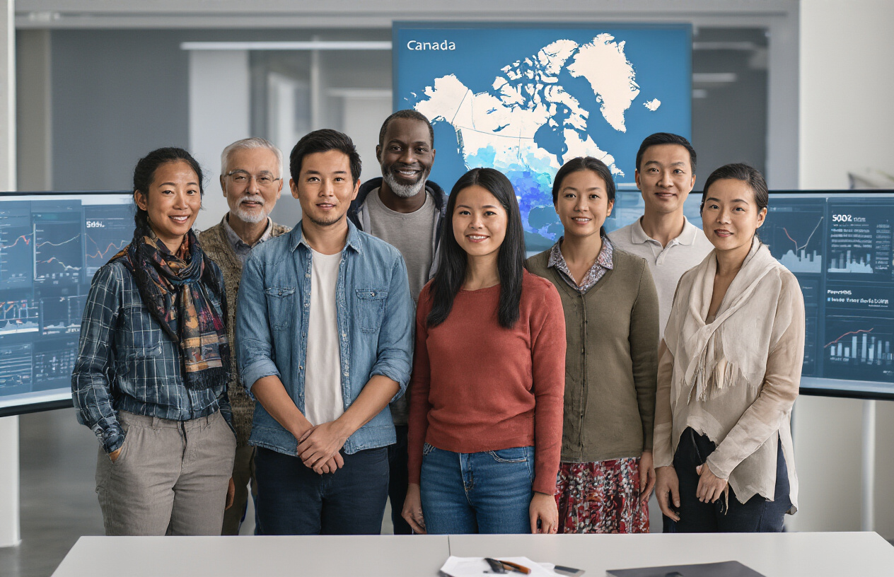 Create a realistic image of a diverse group of Canadian people of different ages, ethnicities, and backgrounds standing together in front of a subtle map of Canada showing population density gradients, with demographic charts and population growth graphs displayed on digital screens in the background, set in a modern statistical office environment with soft professional lighting, showing white, black, Asian, and Indigenous males and females representing Canada's multicultural population, absolutely NO text should be in the scene.