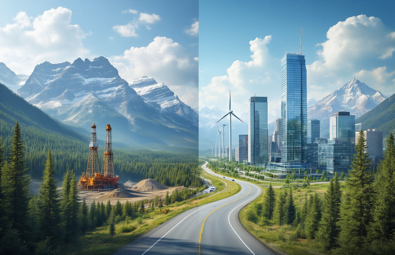 Create a realistic image of a split composition showing Canada's natural resources and innovation: on the left side, towering evergreen forests with oil derricks and mining equipment in a mountain landscape, on the right side, modern glass office buildings and technology centers with wind turbines and solar panels, connected by a winding highway through pristine Canadian wilderness under a bright blue sky with fluffy white clouds, absolutely NO text should be in the scene.