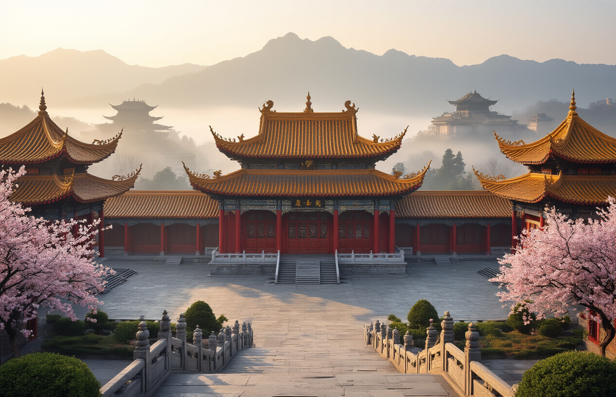 Create a realistic image of an ancient Chinese imperial palace complex with traditional pagoda-style architecture featuring ornate red pillars, golden roofs with upturned eaves, and intricate dragon carvings, set against a misty mountain backdrop with cherry blossom trees, stone courtyards, and ceremonial steps leading to the main hall, captured in soft golden hour lighting that creates a majestic and timeless atmosphere. Absolutely NO text should be in the scene.