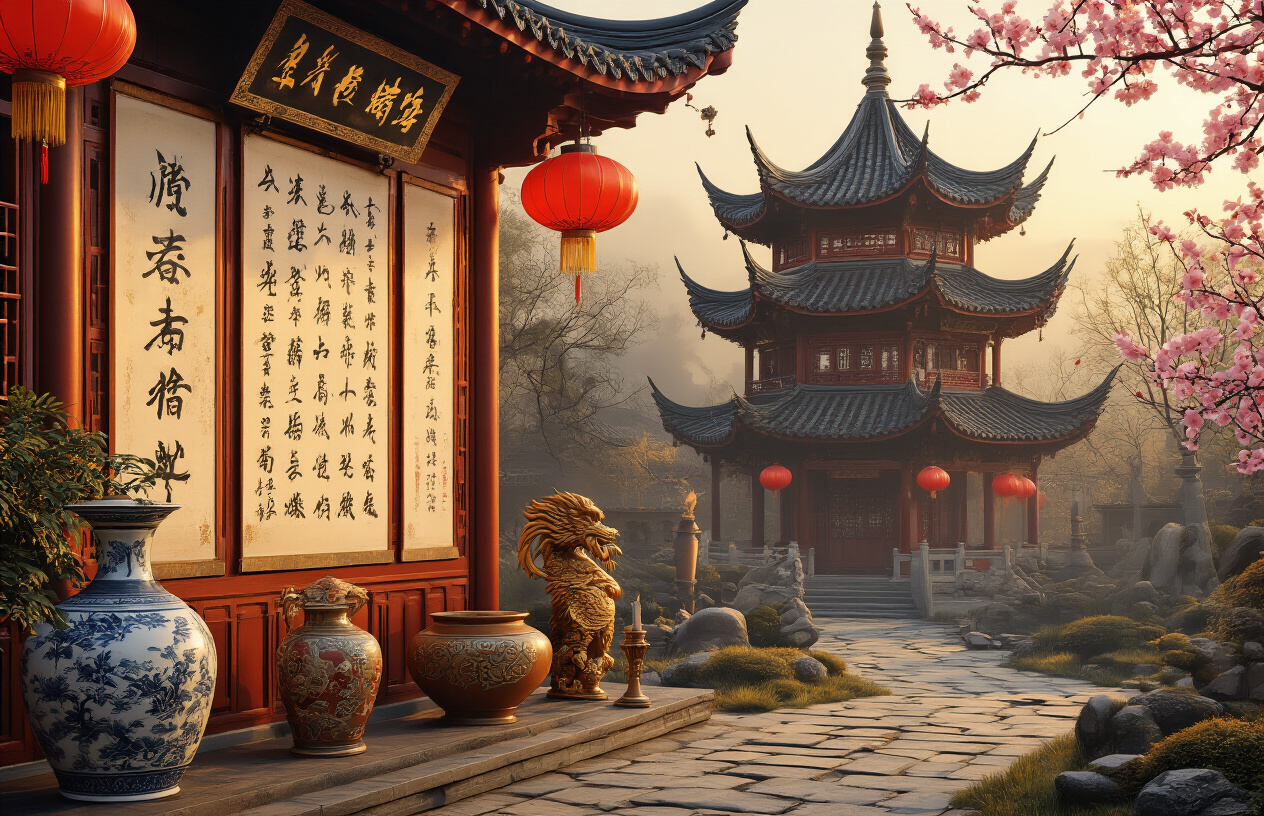 Create a realistic image of traditional Chinese architecture featuring a pagoda temple with curved roofs and ornate details, alongside Chinese calligraphy scrolls, traditional red lanterns, ancient ceramic vases with intricate patterns, wooden carved dragons, incense burning with wisps of smoke, bamboo elements, and cherry blossom branches, set against a serene garden background with stone pathways and traditional landscaping, captured in warm golden lighting that highlights the rich textures and cultural artifacts, Absolutely NO text should be in the scene.