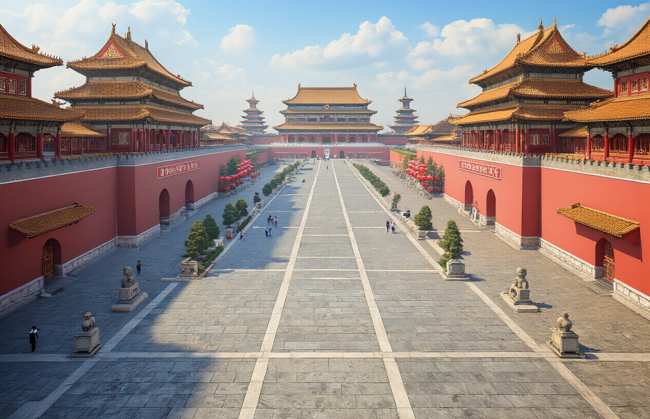 Create a realistic image of Beijing's Tiananmen Square and Forbidden City complex showcasing China's political and cultural center, featuring traditional Chinese imperial architecture with ornate red walls, golden roofs, and intricate details, the iconic Tiananmen Gate with its distinctive design, wide ceremonial plaza with stone pathways, traditional Chinese lanterns and cultural symbols, ancient pagodas and temples in the background, clear blue sky with soft natural lighting, capturing the grandeur and historical significance of China's capital as both a seat of government and cultural heritage site, absolutely NO text should be in the scene.