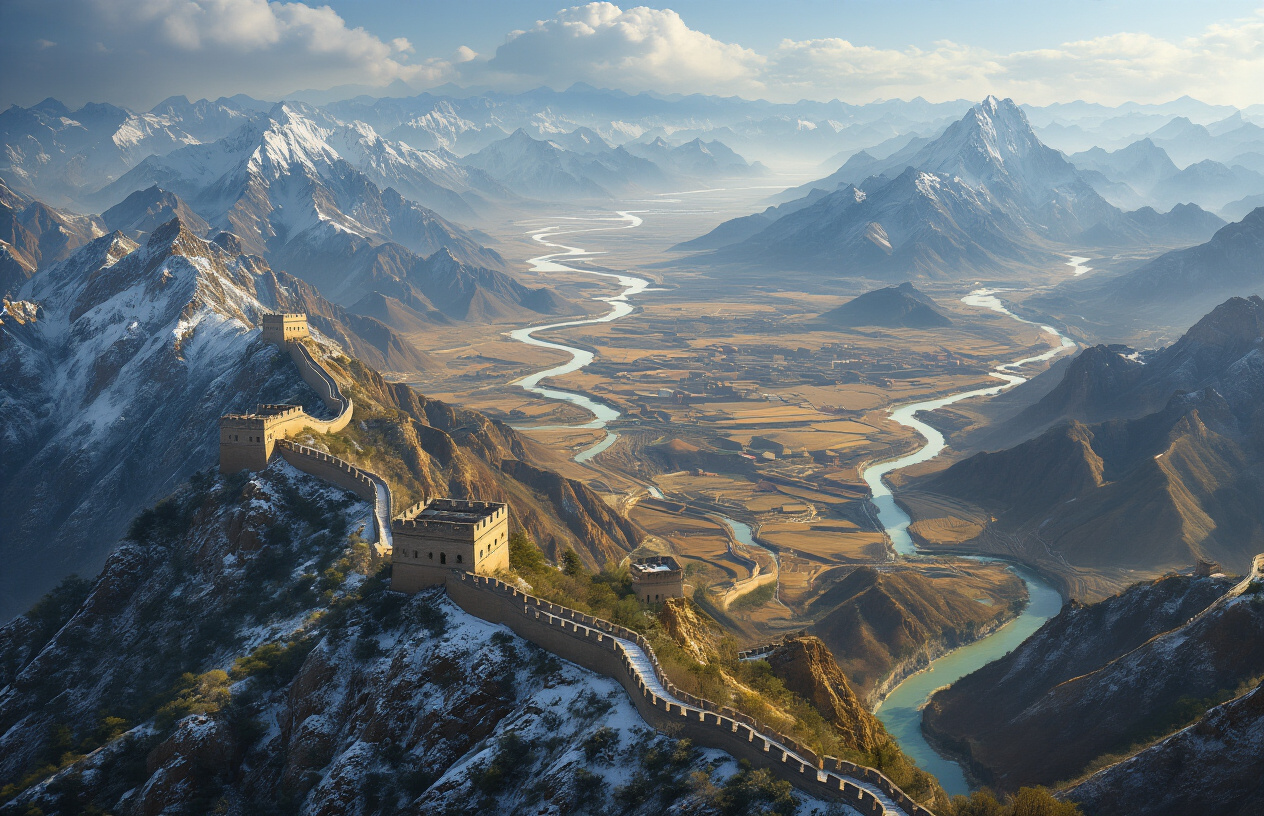 Create a realistic image of China's diverse geographic landscape showing a panoramic view that includes snow-capped mountains, vast plains, winding rivers, and coastal areas, with the Great Wall visible snaking across mountainous terrain, featuring natural lighting that highlights the varied topography and territorial expanse, shot from an elevated perspective that captures the immense scale and geographic diversity of the Chinese landmass, absolutely NO text should be in the scene.