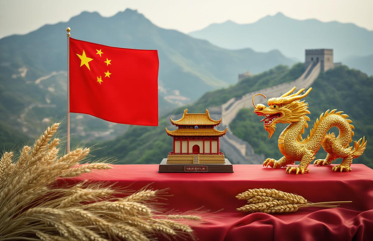 Create a realistic image of China's national symbols displayed together including the red flag with five yellow stars, the national emblem featuring Tiananmen Gate and wheat ears, a traditional Chinese dragon sculpture in gold, and the Great Wall of China visible in the mountainous background, arranged on a ceremonial red silk cloth with soft natural lighting highlighting the symbolic elements, absolutely NO text should be in the scene.
