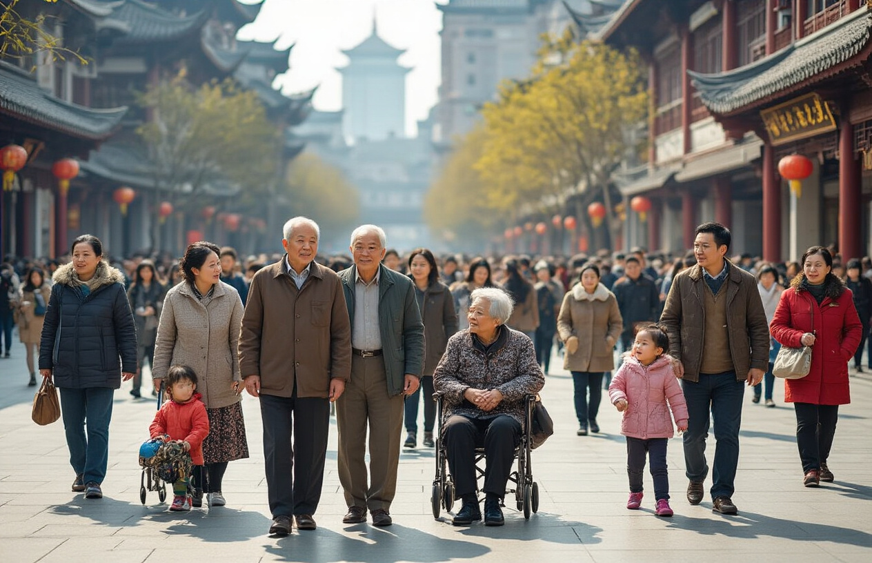 Create a realistic image of a diverse crowd of Chinese people of various ages including elderly Asian male and female seniors, middle-aged Asian men and women, young Asian adults, and Asian children gathered in a modern Chinese urban plaza, with some people walking while others are sitting and talking, showing the multigenerational demographic composition, set against a backdrop of contemporary Chinese city buildings with traditional architectural elements, captured in natural daylight with soft shadows, conveying a sense of community and population diversity, absolutely NO text should be in the scene.