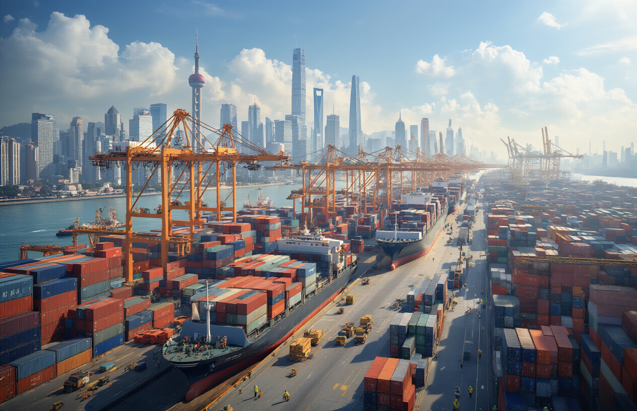 Create a realistic image of a bustling modern Chinese port with massive cargo ships loaded with colorful shipping containers, towering cranes moving goods, a skyline of gleaming skyscrapers in the background representing major Chinese cities, workers in hard hats overseeing operations, stacks of various manufactured goods and products ready for export, and the scene bathed in bright daylight showcasing China's industrial might and global trade dominance, absolutely NO text should be in the scene.
