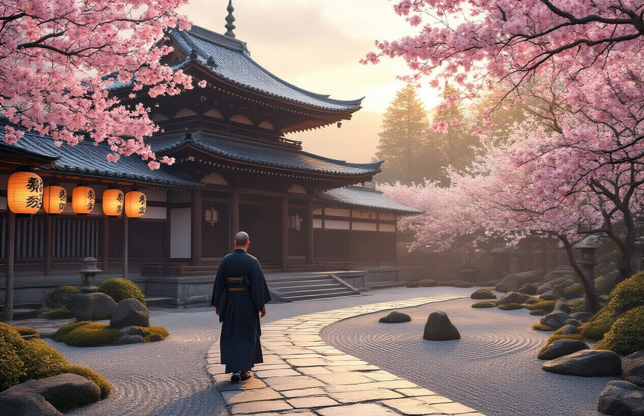 Create a realistic image of a traditional Japanese temple with elegant curved rooflines and wooden architecture nestled among cherry blossom trees in full bloom, featuring a Japanese male monk in traditional robes walking along a stone pathway, with traditional paper lanterns hanging from the temple eaves, a serene zen garden with carefully raked gravel and placed stones in the foreground, soft golden hour lighting filtering through the pink petals, creating a peaceful and contemplative atmosphere that embodies Japan's spiritual and cultural heritage, absolutely NO text should be in the scene.