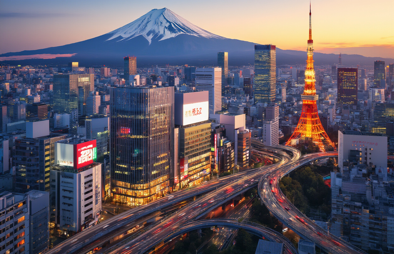Create a realistic image of Tokyo's modern skyline featuring towering skyscrapers, neon-lit buildings, and bustling urban infrastructure with Mount Fuji visible in the distant background, captured during golden hour with warm lighting illuminating the glass facades of commercial buildings, busy multi-level highways with flowing traffic, and the iconic Tokyo Tower prominently displayed among the cityscape, showcasing the dynamic energy of Japan's capital city through its blend of contemporary architecture and traditional elements, absolutely NO text should be in the scene.