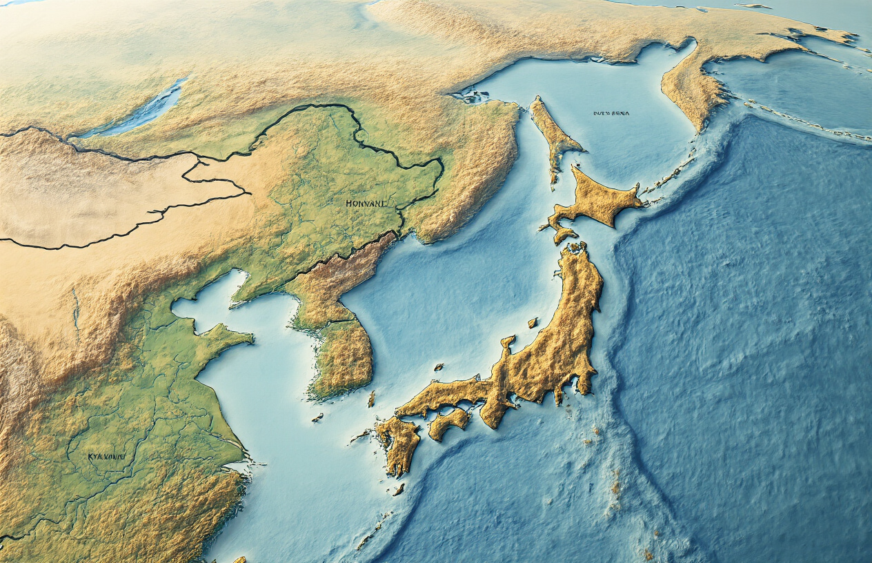 Create a realistic image of a detailed topographical map showing Japan's geographic location in East Asia, featuring the four main islands of Honshu, Hokkaido, Kyushu, and Shikoku surrounded by the Pacific Ocean, Sea of Japan, and East China Sea, with clear territorial boundaries marked by subtle border lines, neighboring countries like South Korea, China, and Russia visible in the distance, mountain ranges and coastal features clearly defined, rendered in natural earth tones with blue waters, viewed from an elevated perspective showing the archipelago's distinctive shape and strategic position, soft natural lighting highlighting the geographical features, absolutely NO text should be in the scene.