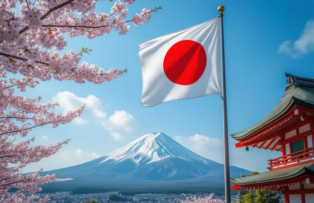 Create a realistic image of the Japanese national flag (red circle on white background) prominently displayed on a flagpole against a clear blue sky, with traditional Japanese symbols including cherry blossom branches, a golden chrysanthemum emblem, and Mount Fuji visible in the distant background, soft natural lighting creating a respectful and dignified atmosphere, absolutely NO text should be in the scene.