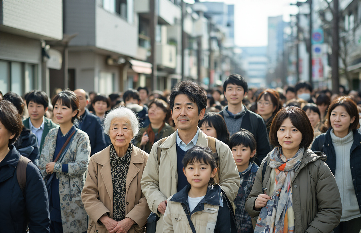 Create a realistic image of a diverse crowd of Japanese people of various ages including elderly, middle-aged adults, young adults, teenagers, and children gathered in a modern urban setting, showing the multi-generational demographic composition with Asian males and females wearing contemporary clothing, set against a backdrop of modern Japanese cityscape with residential buildings and streets, captured in natural daylight with a documentary-style composition that emphasizes population diversity and social demographics, absolutely NO text should be in the scene.