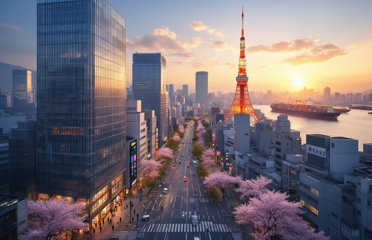 Create a realistic image of a modern Japanese business district skyline with towering corporate headquarters and glass skyscrapers, featuring the iconic Tokyo Tower or similar landmark in the background, busy streets with Japanese businesspeople in professional attire walking purposefully, digital stock market displays on building facades showing financial data, cargo ships visible in a distant harbor representing international trade, cherry blossom trees lining some streets to maintain cultural identity, warm golden hour lighting creating a dynamic urban atmosphere that conveys economic prosperity and global connectivity, shot from an elevated perspective to showcase the scale and modernity of Japan's economic infrastructure, absolutely NO text should be in the scene.