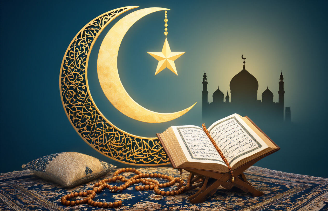 Create a realistic image of an elegant Islamic calligraphy artwork featuring the Five Pillars of Islam symbols including a crescent moon and star, prayer beads (tasbih), an open Quran with Arabic text, a prayer mat, and a mosque silhouette in the background, all arranged in a harmonious composition with warm golden lighting against a deep blue gradient background, conveying spirituality and reverence, absolutely NO text should be in the scene.