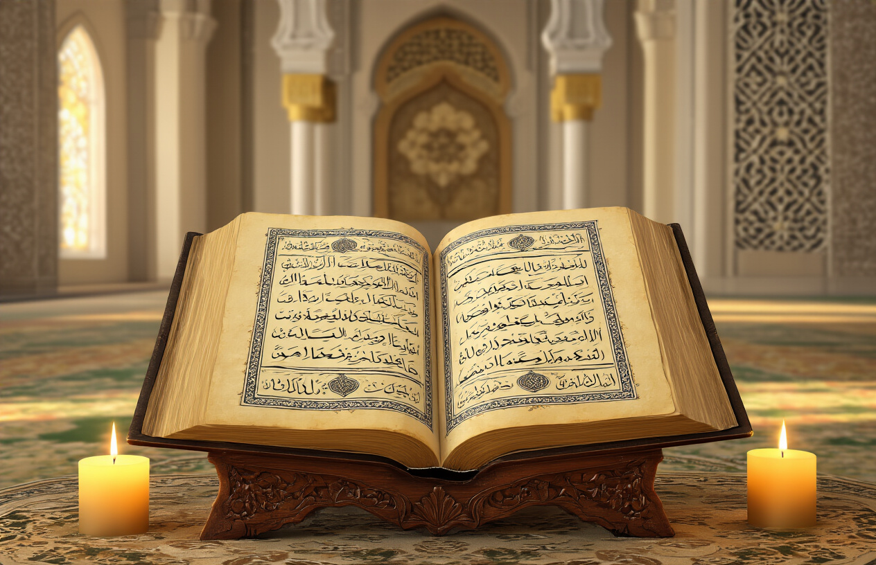 Create a realistic image of an ornate, open Quran with elegant Arabic calligraphy on yellowed parchment pages, resting on a carved wooden stand, surrounded by soft golden candlelight in a serene mosque interior with intricate geometric patterns on the walls, peaceful and reverent atmosphere with warm ambient lighting creating gentle shadows, absolutely NO text should be in the scene.