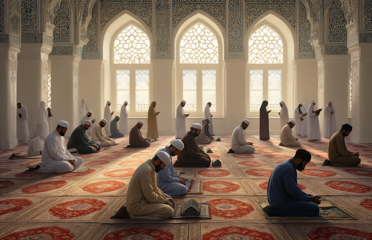Create a realistic image of a diverse group of Muslim worshippers including Middle Eastern, South Asian, and African men and women in traditional Islamic prayer attire performing various worship activities in a beautiful mosque interior with ornate geometric patterns, prayer rugs arranged on the floor, some people in prostration position during prayer, others holding prayer beads, and a few reading from the Quran, with soft natural lighting streaming through arched windows creating a peaceful and spiritual atmosphere, Absolutely NO text should be in the scene.