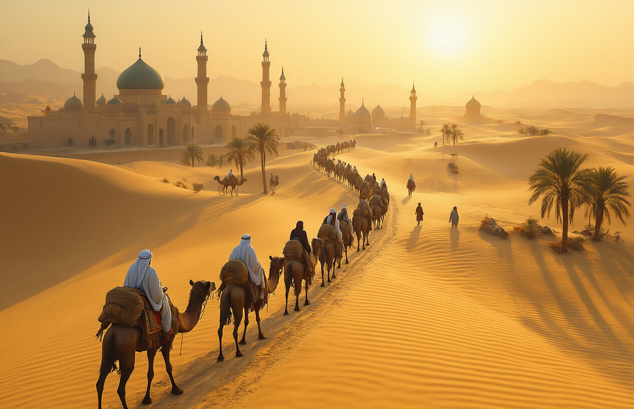 Create a realistic image of an ancient Middle Eastern trading route with multiple caravans of camels and merchants traveling across golden sand dunes, featuring Arab male traders in traditional robes leading the caravans, with ancient Islamic architectural elements like minarets and domed mosques visible on the horizon, palm trees dotting the landscape, and warm golden sunlight casting long shadows across the desert scene, representing the historical spread of Islam through trade and migration. Absolutely NO text should be in the scene.