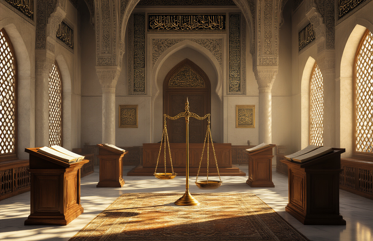 Create a realistic image of an ornate Islamic courtroom or judicial chamber with traditional Middle Eastern architecture featuring geometric patterns and arches, displaying ancient Islamic legal texts and manuscripts on wooden podiums, golden scales of justice prominently positioned in the foreground, warm ambient lighting filtering through latticed windows creating geometric shadows on marble floors, with rich Islamic calligraphy adorning the walls and ceiling, conveying a sense of wisdom, justice, and scholarly tradition. Absolutely NO text should be in the scene.