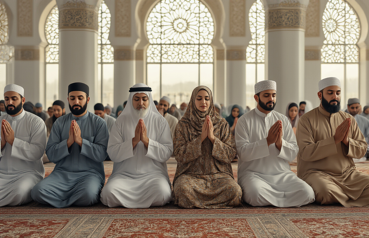 Create a realistic image of diverse Muslim worshippers from different denominations praying together in a modern mosque, featuring men and women of various ethnicities including Arab, South Asian, African, and Southeast Asian backgrounds, wearing different traditional Islamic clothing styles representing Sunni, Shia, and other Islamic traditions, with contemporary architectural elements blending traditional Islamic geometric patterns and modern design, soft natural lighting filtering through ornate windows, peaceful and unified atmosphere showing the diversity within contemporary Islam, Absolutely NO text should be in the scene.