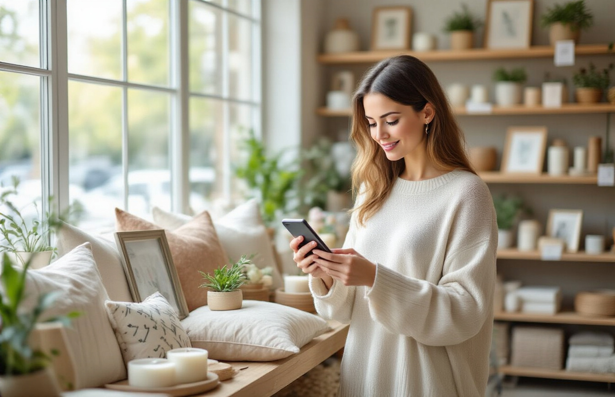 Create a realistic image of a white female shopper in her 30s examining price tags on stylish home decor items in a bright, modern home goods store, with her holding a smartphone displaying a shopping app or calculator, surrounded by affordable decorative pillows, small plants, picture frames, and candles on wooden shelves, with soft natural lighting from large windows creating a warm and inviting atmosphere that conveys smart budget shopping for home decoration, absolutely NO text should be in the scene.