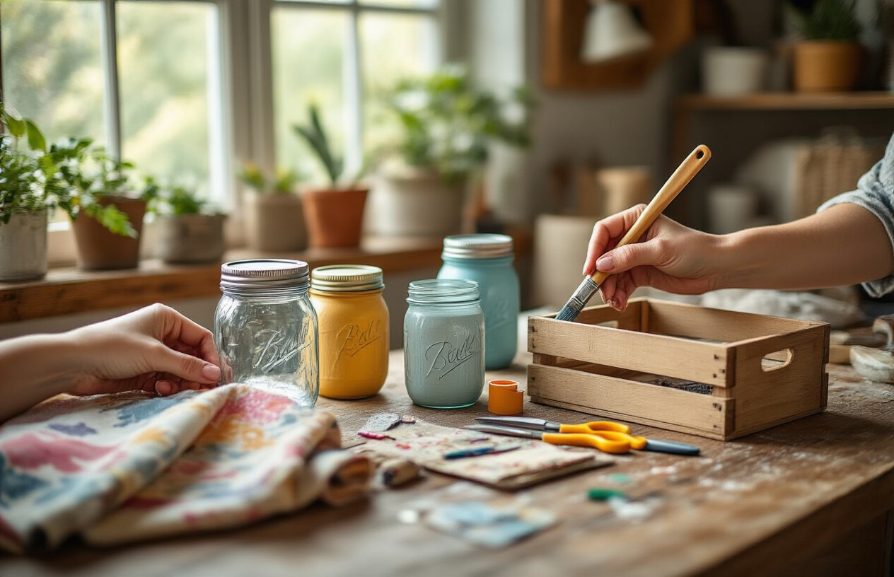 Create a realistic image of hands working on multiple DIY home decor projects on a wooden table, showing painted mason jars being transformed into vases, fabric being cut for throw pillow covers, a small wooden crate being sanded and painted, scattered craft supplies like paintbrushes, scissors, glue gun, and colorful fabrics, warm natural lighting from a nearby window, cozy home workshop atmosphere with completed DIY decor items visible in the soft-focused background, absolutely NO text should be in the scene.