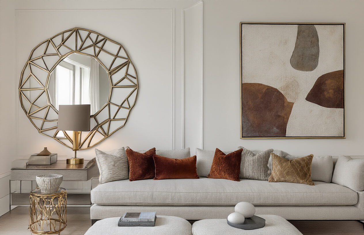 Create a realistic image of a stylish living room showcasing high-impact affordable decor pieces including a statement wall mirror with geometric frame, elegant throw pillows in rich textures on a neutral sofa, a modern table lamp with brass accents, and a large abstract art piece on the wall, with warm ambient lighting creating cozy atmosphere, clean modern interior design with neutral color palette of whites, grays and warm wood tones, absolutely NO text should be in the scene.