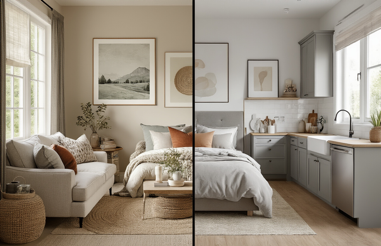Create a realistic image of a split-screen composition showing different rooms of a home with budget-friendly decorative elements, featuring a cozy living room with affordable throw pillows and wall art on the left, a stylish bedroom with budget decor accessories in the center, and a modern kitchen with inexpensive decorative touches on the right, warm natural lighting streaming through windows, clean and organized spaces with a mixture of DIY and store-bought affordable home decor items, soft neutral color palette with pops of color, absolutely NO text should be in the scene.