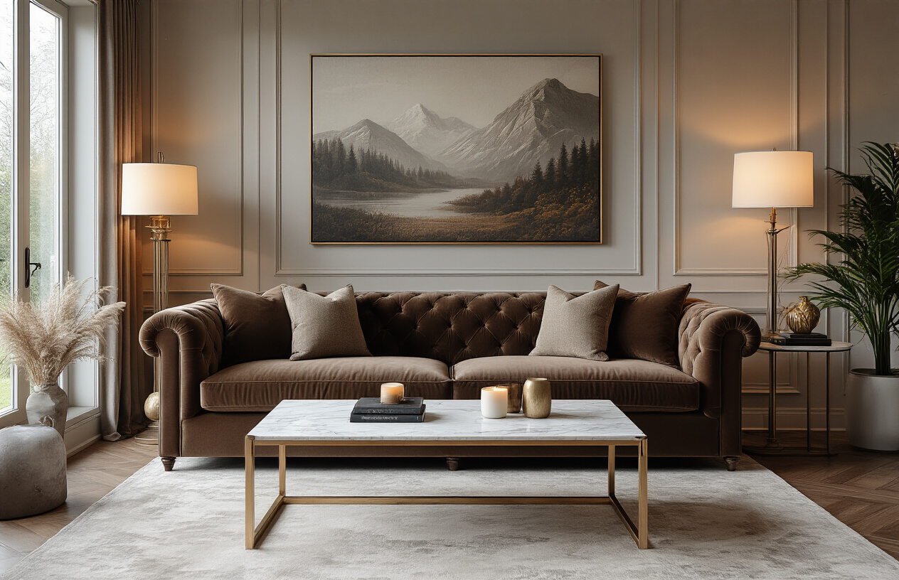 Create a realistic image of an elegant living room showcasing a sophisticated mix of high-end and budget-friendly home decor items, featuring a luxurious velvet sofa paired with affordable throw pillows, an expensive marble coffee table alongside budget-friendly decorative books and candles, designer artwork hanging above a simple but stylish console table with affordable vases and plants, warm ambient lighting from both a premium floor lamp and inexpensive table lamps, rich textures and coordinated color palette demonstrating professional interior design principles, absolutely NO text should be in the scene.