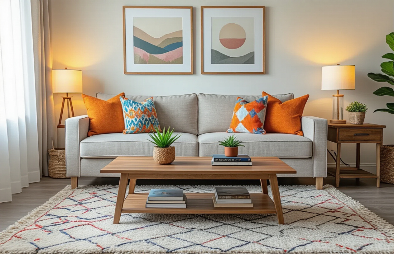 Create a realistic image of a beautifully decorated living room showcasing affordable yet stylish home decor items including colorful throw pillows on a neutral sofa, a wooden coffee table with decorative books and a small potted plant, modern wall art in simple frames, a cozy area rug, and warm ambient lighting from a contemporary table lamp, with natural light streaming through sheer curtains, creating an inviting and well-designed space that demonstrates how budget-friendly decor can create an elegant home atmosphere, absolutely NO text should be in the scene.