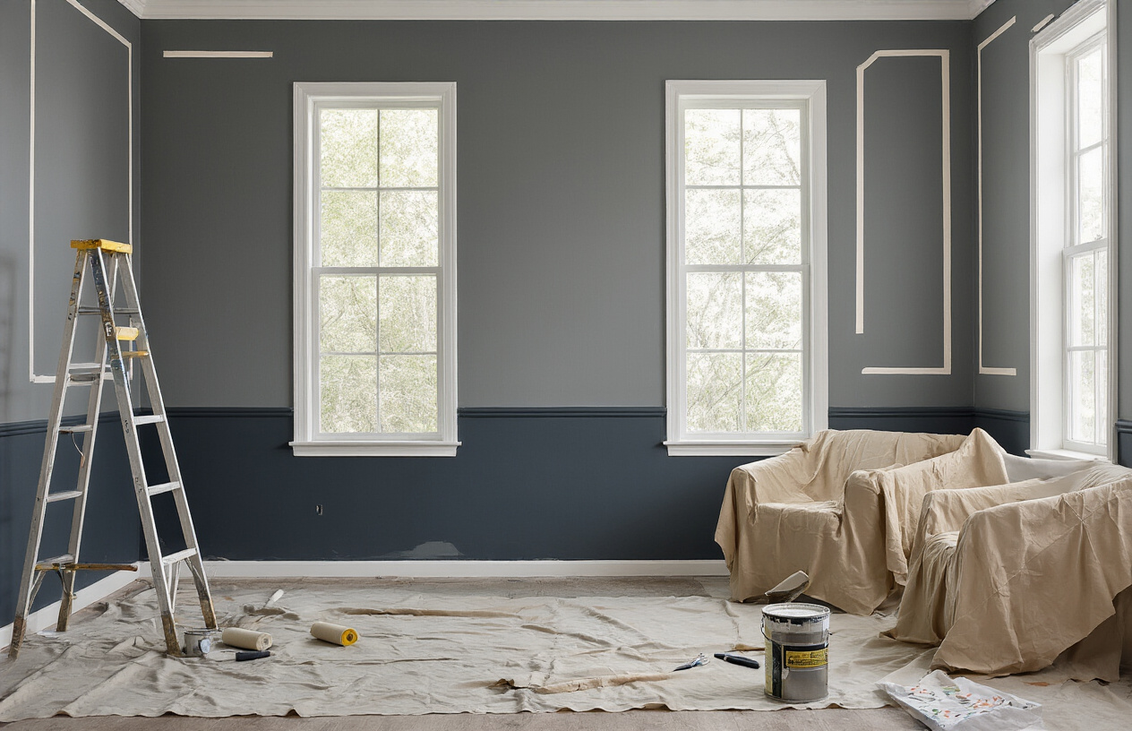 Create a realistic image of a modern living room mid-transformation showing strategic paint techniques being applied, with paint rollers and brushes on drop cloths, one wall featuring a sophisticated two-tone paint design with a darker accent color on the lower half and lighter shade above separated by chair rail molding, another wall displaying subtle geometric patterns created with painter's tape still partially attached, paint cans and supplies organized on the floor, natural daylight streaming through windows illuminating the space, furniture covered with protective sheets, and the overall scene conveying an upscale DIY renovation project in progress, absolutely NO text should be in the scene.