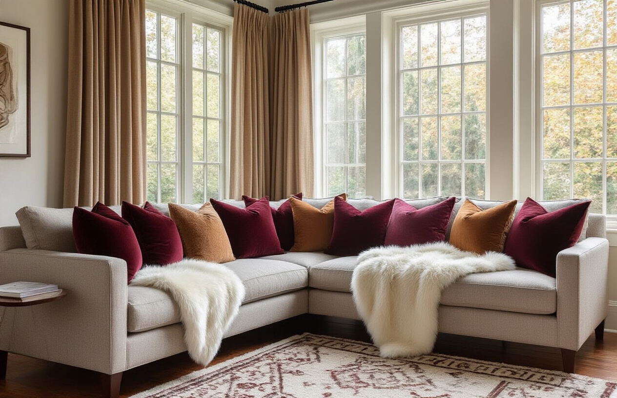 Create a realistic image of a cozy living room corner showcasing budget-friendly textile transformations with layered throw pillows in rich jewel tones on a neutral sofa, a plush faux fur throw blanket draped elegantly over the arm, textured curtains in warm earth tones framing a window, and a beautiful area rug with geometric patterns on hardwood floors, with soft natural lighting streaming through the window creating an expensive and luxurious atmosphere, absolutely NO text should be in the scene.